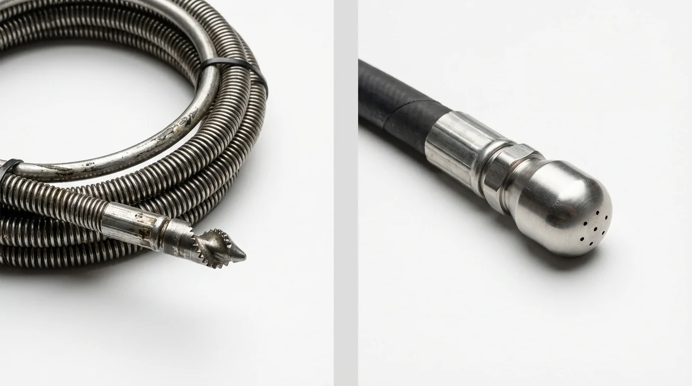 Drain snake cable and hydro jetting nozzle used for drain cleaning in Huntington, IN
