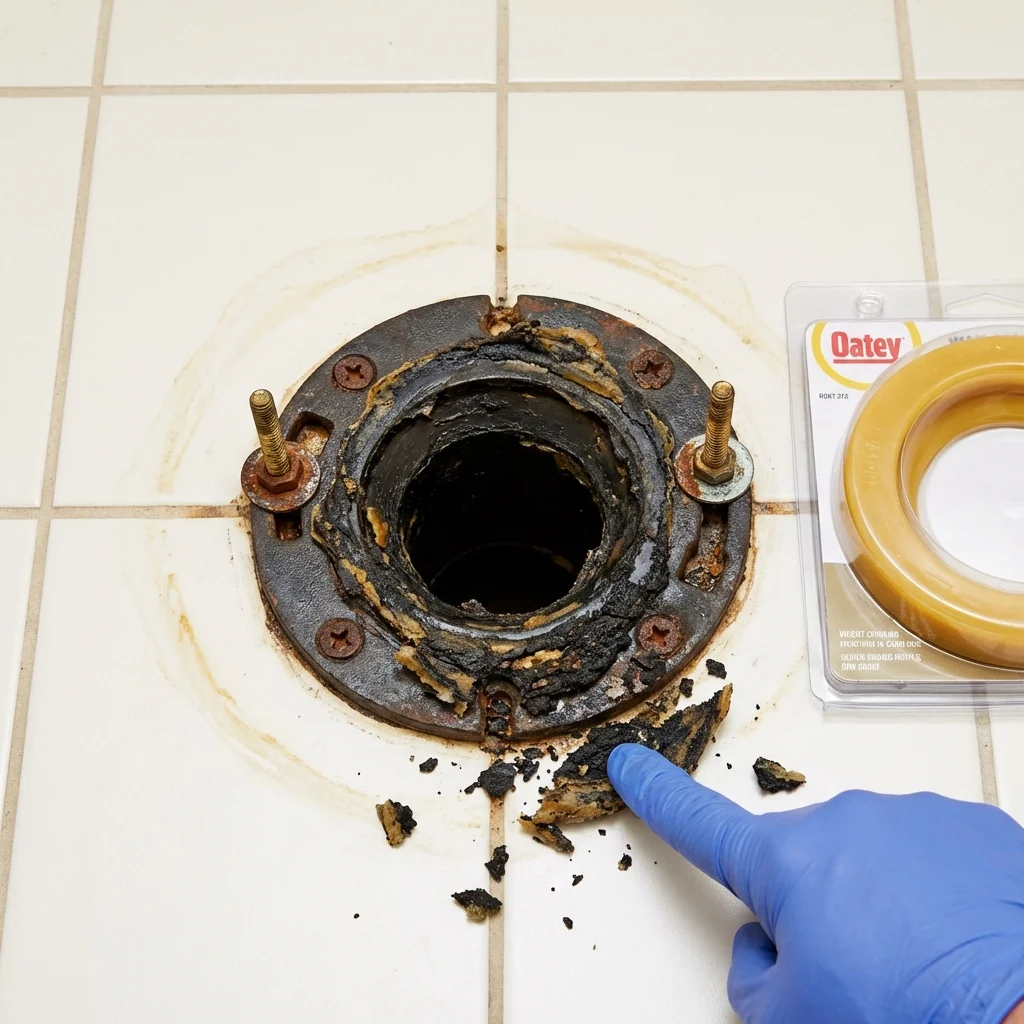 Failed wax ring showing water seepage at the base of a toilet in a Huntington, IN home