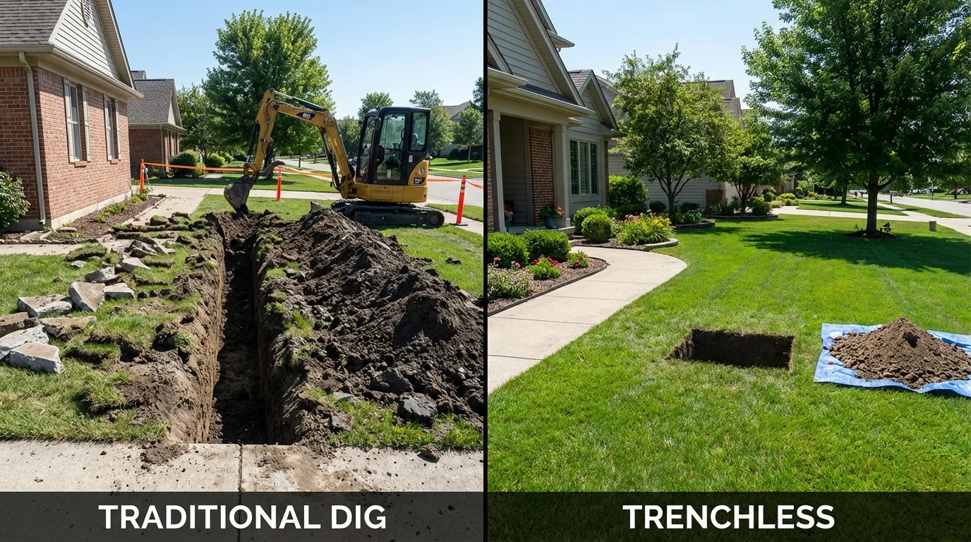 Trenchless sewer repair with minimal yard damage versus traditional excavation in Huntington, IN
