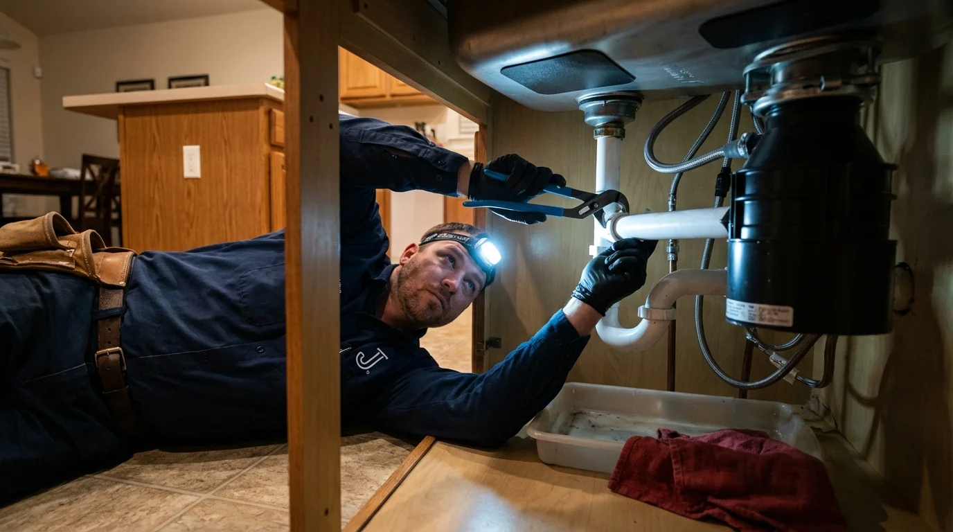 P-trap and supply line connections under a kitchen sink showing a common leak point in Huntington, IN